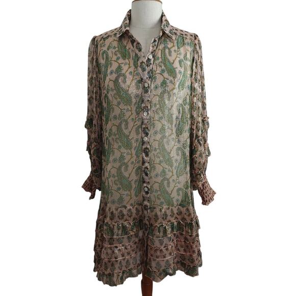 Miss June Paris Tiered Ruffle Metallic Shirt Dress One Size Sheer Button Up Boho - Picture 2 of 12
